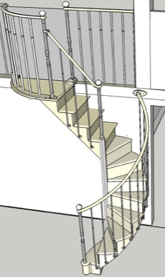 Vue en 3D d'un Escalier en Colimaçon en chêne mât fer fabriqué en France